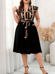 Women's Plus Size Printed Midi Dress - Summer Casual V-Neck Ruffled Sleeve Paneled Dress With Belt