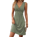 Women's V-Neck Sleeveless Solid Dress - Bust Knot Detail & Waist-Defining Summer Dress