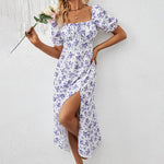 Women's Square Neck Floral Print Dress With Puff Sleeves & Side Slit - Elegant Spring Summer Boho Maxi Dress