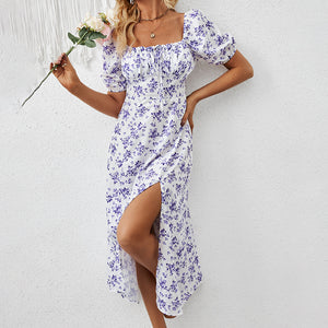 Women's Square Neck Floral Print Dress With Puff Sleeves & Side Slit - Elegant Spring Summer Boho Maxi Dress