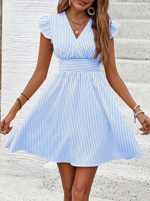 Women's Mini Dress V Neck Flutter Sleeve Striped Smocked Waist A Line Short Summer Dress