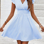 Women's Mini Dress V Neck Flutter Sleeve Striped Smocked Waist A Line Short Summer Dress