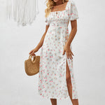 Women's Square Neck Floral Print Dress With Puff Sleeves & Side Slit - Elegant Spring Summer Boho Maxi Dress