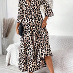Women's Leopard Print Mid-Sleeve Loose-Fit Casual Comfortable Maxi Dress - Flattering For Slimming