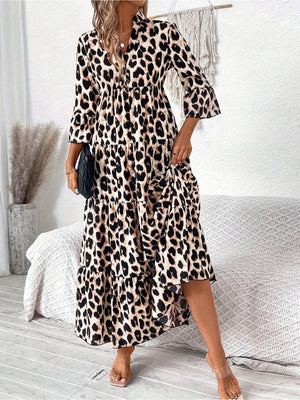 Women's Leopard Print Mid-Sleeve Loose-Fit Casual Comfortable Maxi Dress - Flattering For Slimming