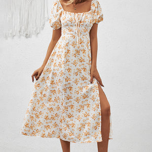 Women's Square Neck Floral Print Dress With Puff Sleeves & Side Slit - Elegant Spring Summer Boho Maxi Dress