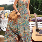 Women's Summer V-Neck Paisley Print Vacation Dress - Sexy Open Back Bowknot Flowy Maxi Party Dress