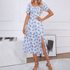 Women's Square Neck Floral Print Dress With Puff Sleeves & Side Slit - Elegant Spring Summer Boho Maxi Dress