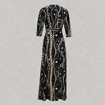 Women's Summer Geometric Print Maxi Dresses Casual 3 4 Sleeve V-Neck Tie Waist Long Dress
