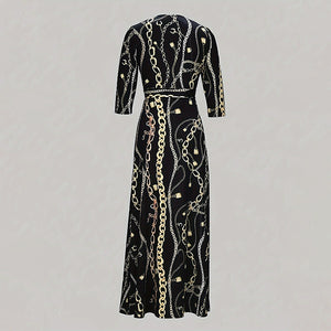 Women's Summer Geometric Print Maxi Dresses Casual 3 4 Sleeve V-Neck Tie Waist Long Dress