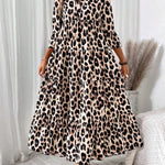Women's Leopard Print Mid-Sleeve Loose-Fit Casual Comfortable Maxi Dress - Flattering For Slimming
