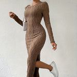Women's Crew Neck Long Sleeve Ribbed Dress Side Slit Knit Bodycon Midi Dress
