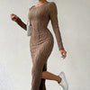 Women's Crew Neck Long Sleeve Ribbed Dress Side Slit Knit Bodycon Midi Dress