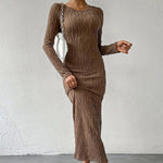 Women's Crew Neck Long Sleeve Ribbed Dress Side Slit Knit Bodycon Midi Dress