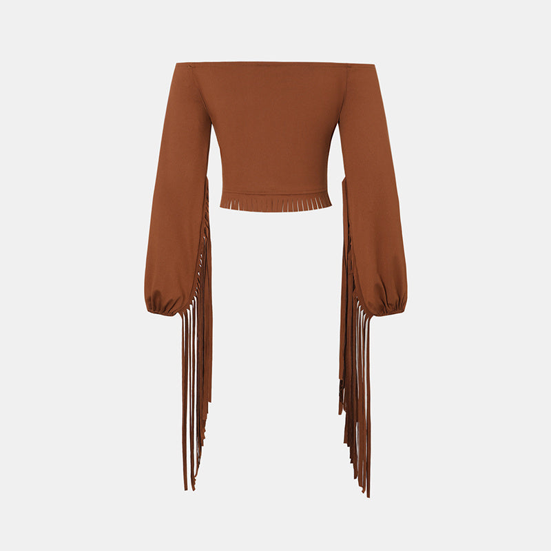 Women's Western Cowgirl  Fringe Trim Tops Sexy Off Shoulder Long Sleeve T Shirts Tassel Top
