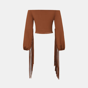 Women's Western Cowgirl  Fringe Trim Tops Sexy Off Shoulder Long Sleeve T Shirts Tassel Top