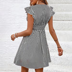 Women's Mini Dress V Neck Flutter Sleeve Striped Smocked Waist A Line Short Summer Dress