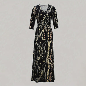 Women's Summer Geometric Print Maxi Dresses Casual 3 4 Sleeve V-Neck Tie Waist Long Dress
