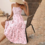 Womens Summer Floral Midi Dress Smocked Spaghetti Strap Sleeveless Tiered Casual Flowy Dresses