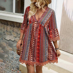 Women's V-Neck Print Dress - Lace Trim Summer Sundress, Casual Boho Chic Style