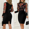 Women's Elegant Round Neck Long Sleeve See Through Floral Print Bodycon Dress For Spring & Summer