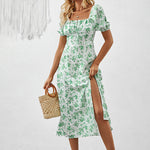 Women's Square Neck Floral Print Dress With Puff Sleeves & Side Slit - Elegant Spring Summer Boho Maxi Dress