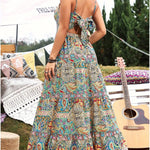 Women's Summer V-Neck Paisley Print Vacation Dress - Sexy Open Back Bowknot Flowy Maxi Party Dress