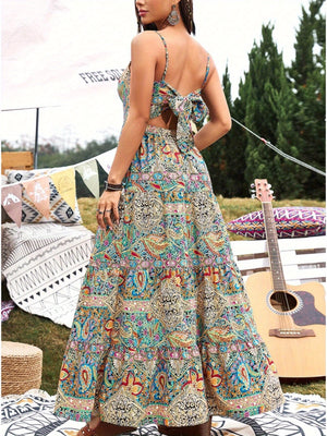 Women's Summer V-Neck Paisley Print Vacation Dress - Sexy Open Back Bowknot Flowy Maxi Party Dress