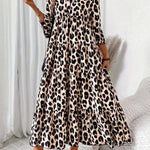 Women's Leopard Print Mid-Sleeve Loose-Fit Casual Comfortable Maxi Dress - Flattering For Slimming