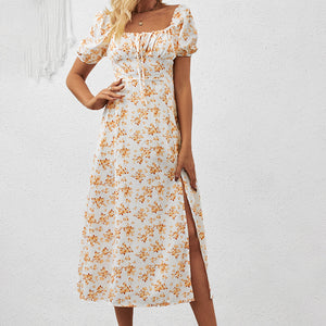 Women's Square Neck Floral Print Dress With Puff Sleeves & Side Slit - Elegant Spring Summer Boho Maxi Dress