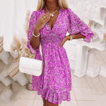 Womens Boho Floral Deep V Neck Smocked Elastic Waist Casual A-Line Swing Mini Dress Sundress