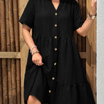 Women's Plus Size Buttoned Dress - Summer Casual V-Neck Short Sleeve Midi Dress