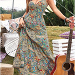 Women's Summer V-Neck Paisley Print Vacation Dress - Sexy Open Back Bowknot Flowy Maxi Party Dress