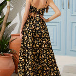 Women's Summer V-Neck Floral Print Strappy Dress - Sexy Backless Bowknot Flowy Maxi Party Dress
