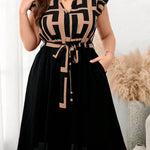 Women's Plus Size Printed Midi Dress - Summer Casual V-Neck Ruffled Sleeve Paneled Dress With Belt